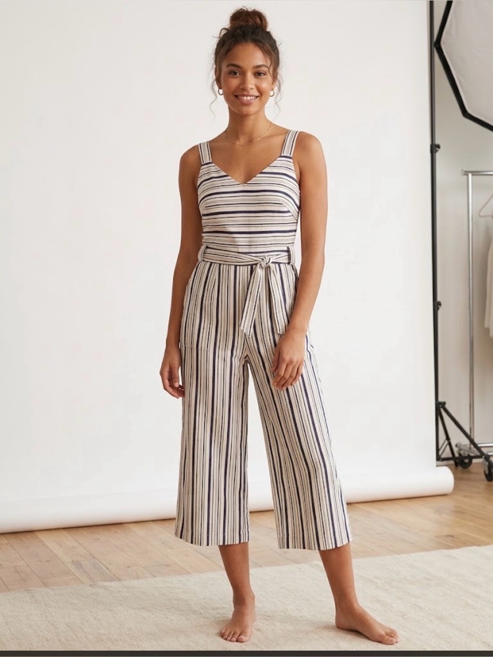 Elle Navy & White Striped Sleeveless Belted Jumpsuit size S